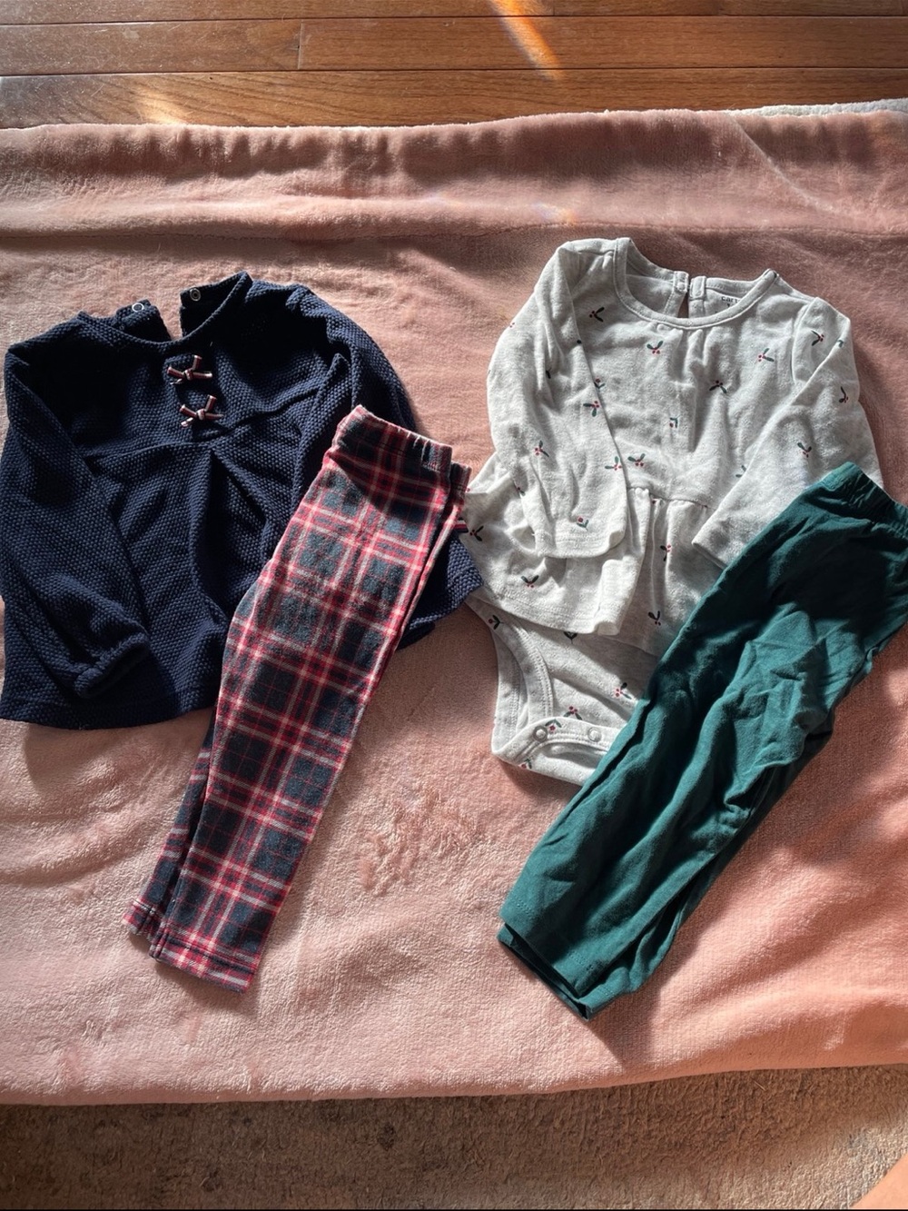 Toddler 2-Piece Navy Top & Plaid Leggings + Grey Bodysuit with Green Pants